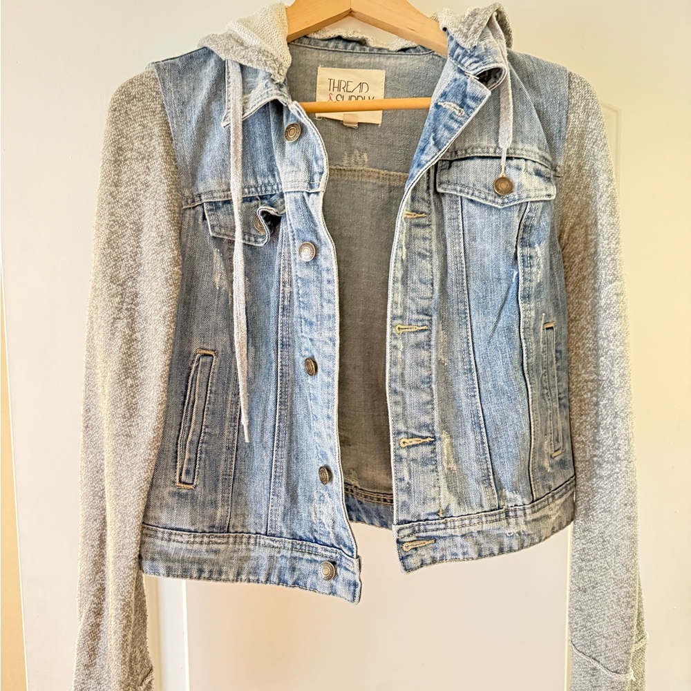 Thread and Supply- Jean Jacket with sweatshirt hood/ sleeves-small